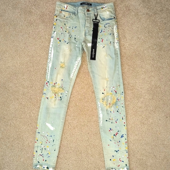 Trendy Paint-Splatter Jeans Designer Blk Black Denim